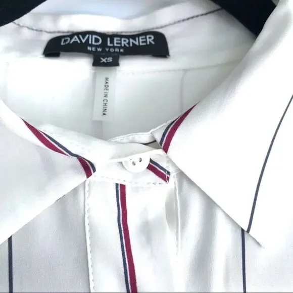 David Lerner Draped Silk Blouse in Red & Blue Stripe - Picture 2 of 7